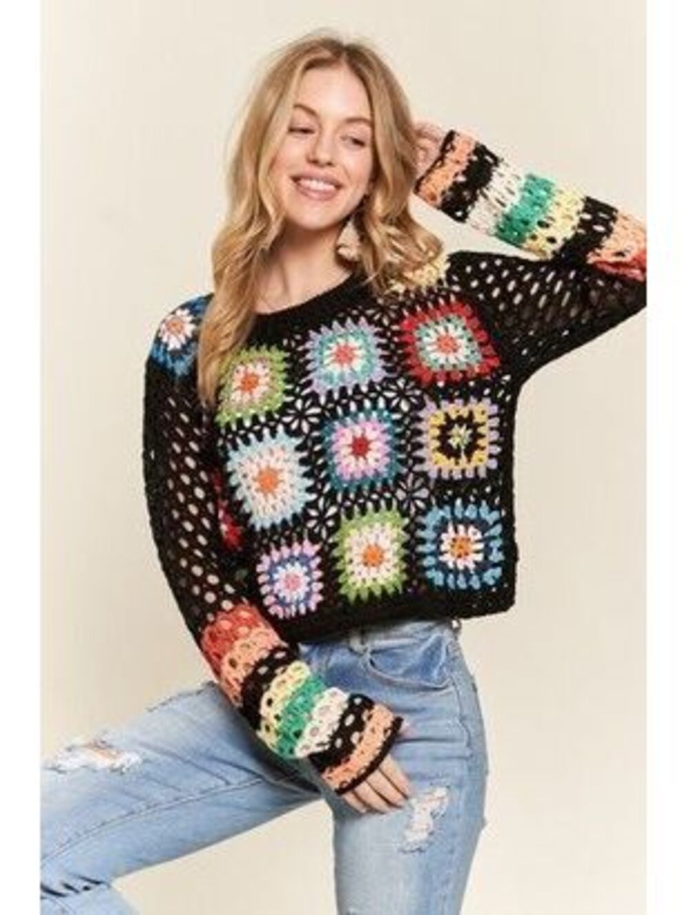 Davi & Dani Granny Square Boho Crochet Bell Sleeve Top Size 1XL